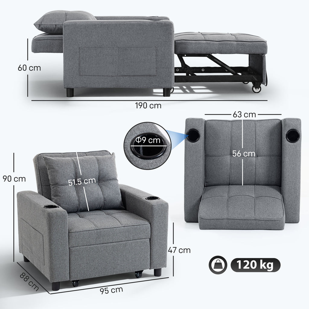 HOMCOM 3-in-1 Single Sofa Bed, Convertible Sleeper Chair Bed - Dark Grey