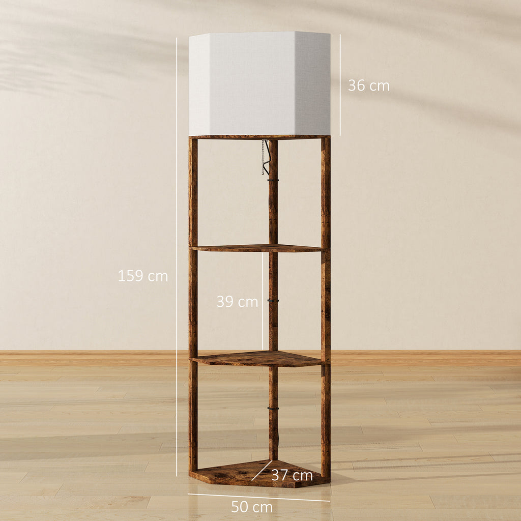 Corner Floor Lamp with Shelves, Tall Standing Lamps for Living Room, with Pull Chain Switch Bulb not Included, Rustic Brown