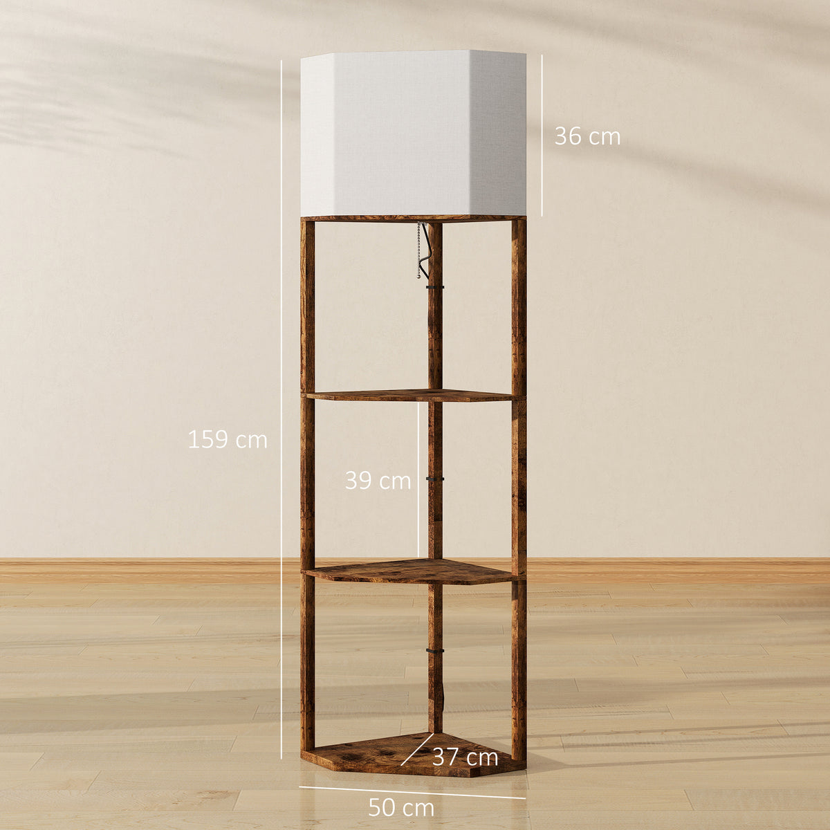 Corner Floor Lamp with Shelves, Tall Standing Lamps for Living Room, with Pull Chain Switch Bulb not Included, Rustic Brown