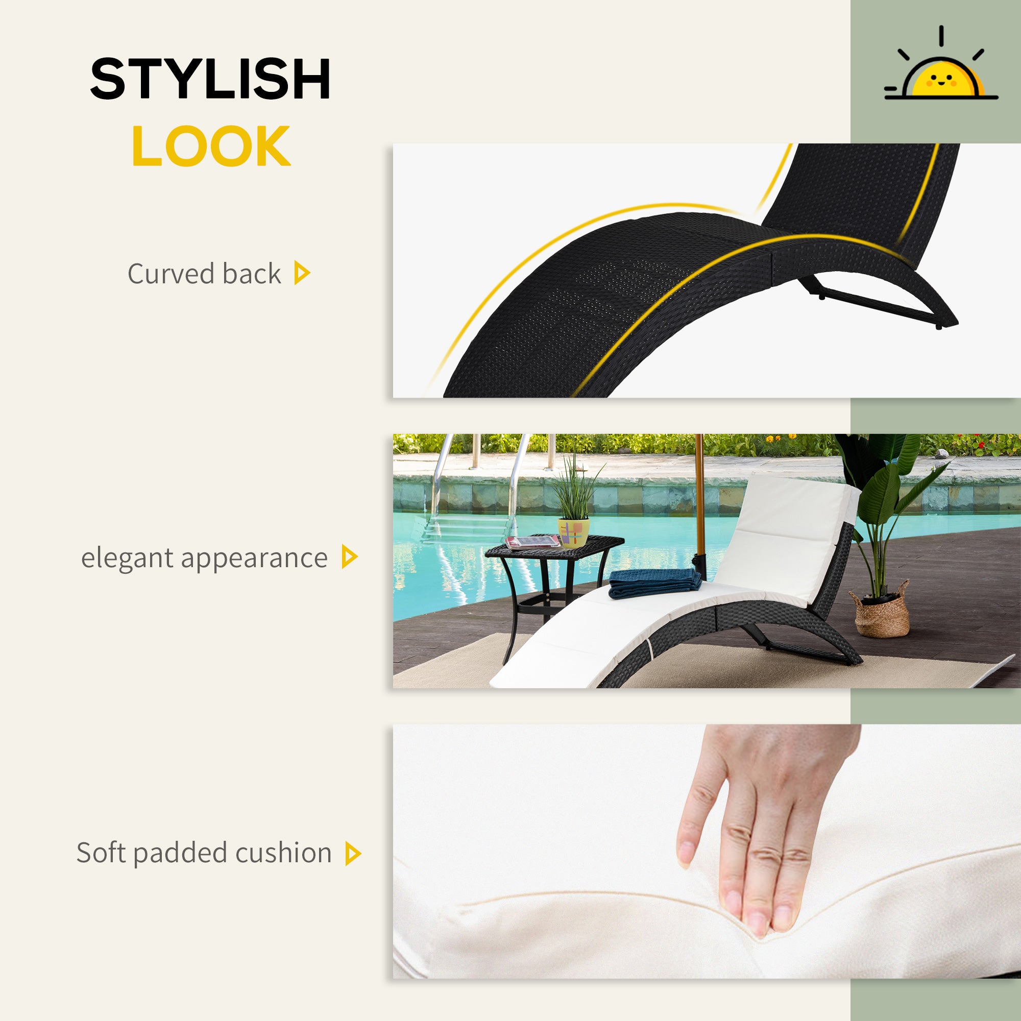 Outsunny Folding Sun Lounger, PE Rattan Garden Lounger Chair with Soft Padded Cushion, Ergonomic Curved Design Sun Bed for Balcony, Garden, Black