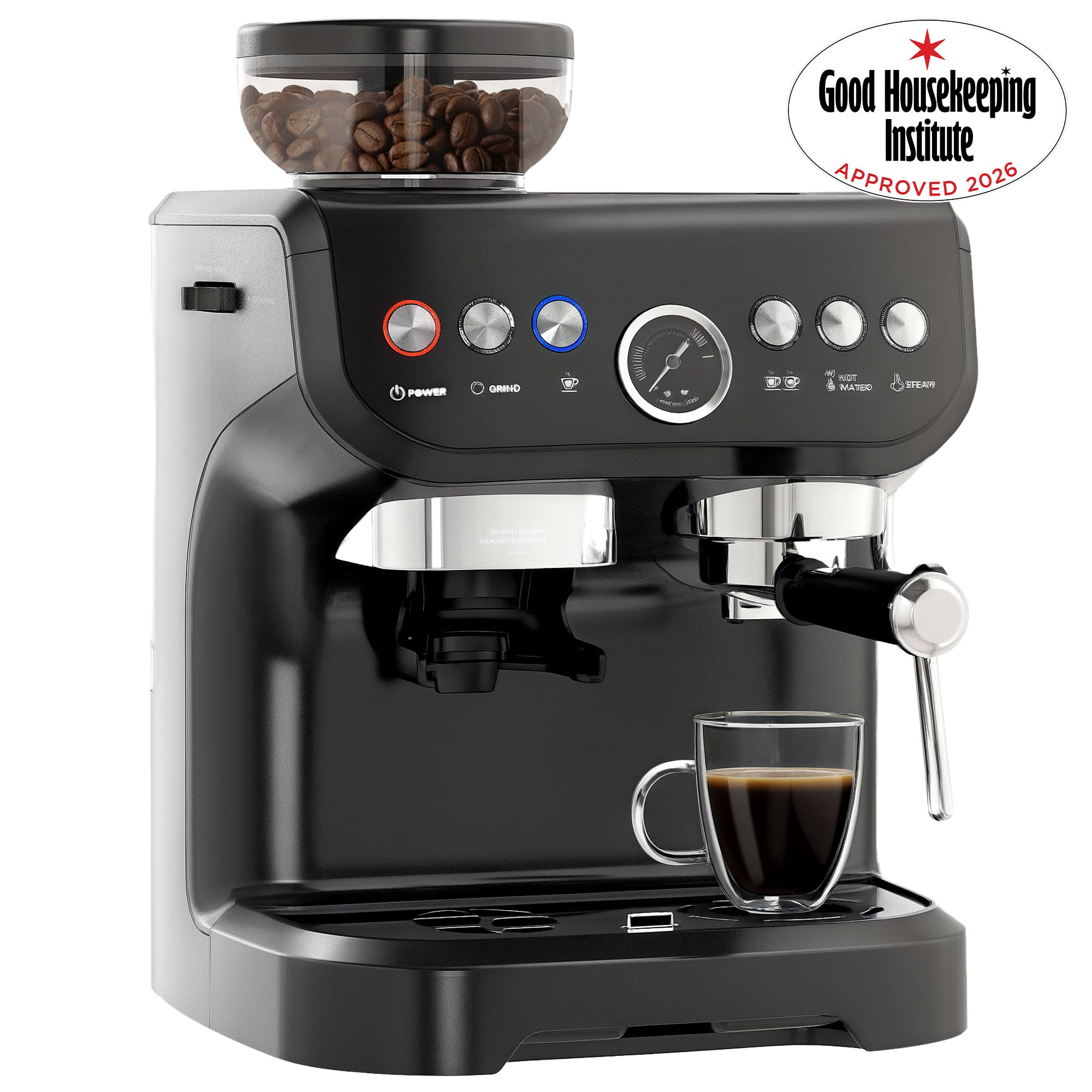 15 Bar Coffee Machine with Adjustable Grind, Steamer and Accessories, Good Housekeeping Institute Approved, Black