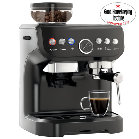 15 Bar Coffee Machine with Adjustable Grind, Steamer and Accessories, Good Housekeeping Institute Approved, Black