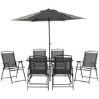 Outsunny Eight-Piece Garden Dining Set, with Chairs, Table and Parasol - Black