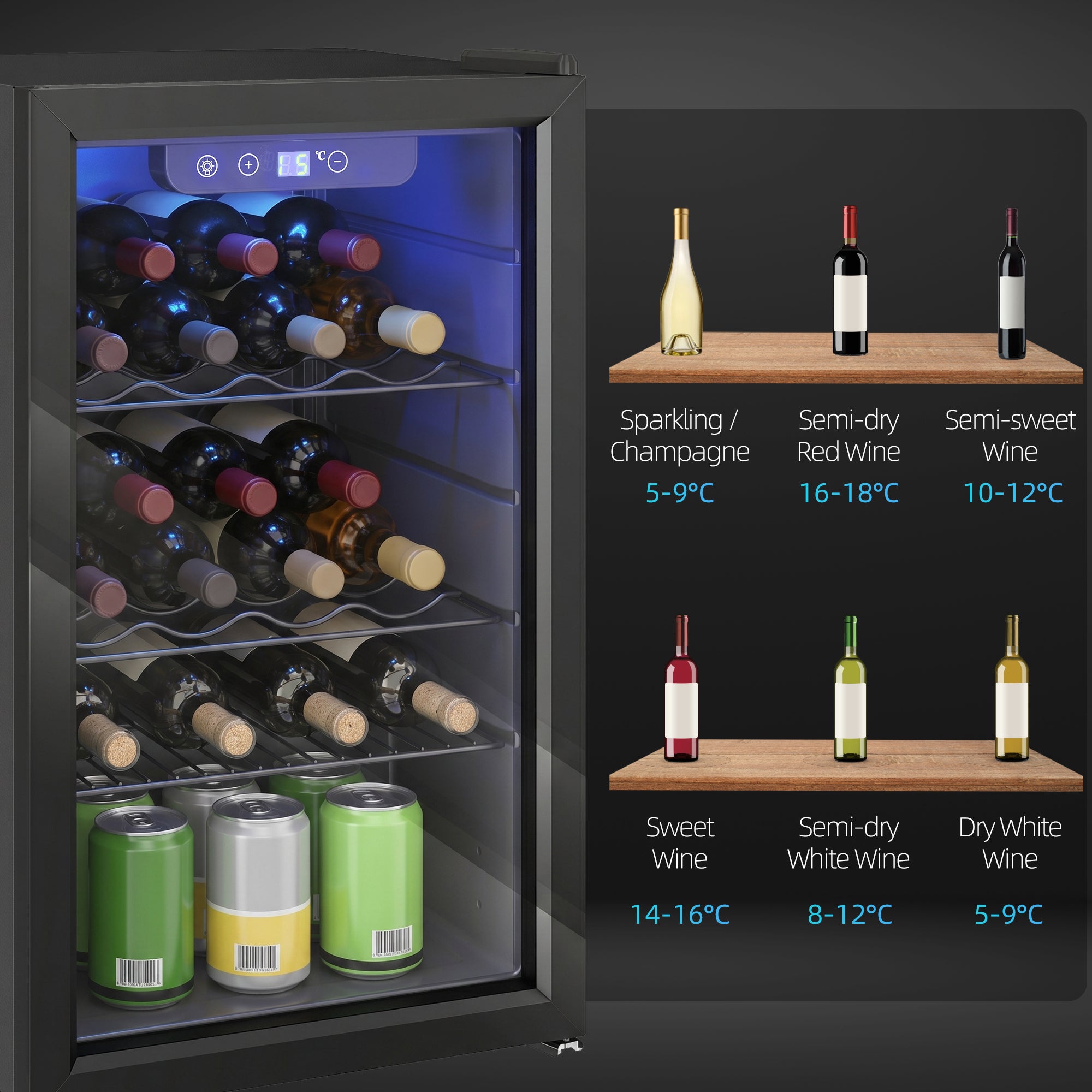 24 Bottle Wine Cooler, 68 Litre Capacity, 4-16°C Freestanding Drinks Wine Fridge with Glass Door, Black