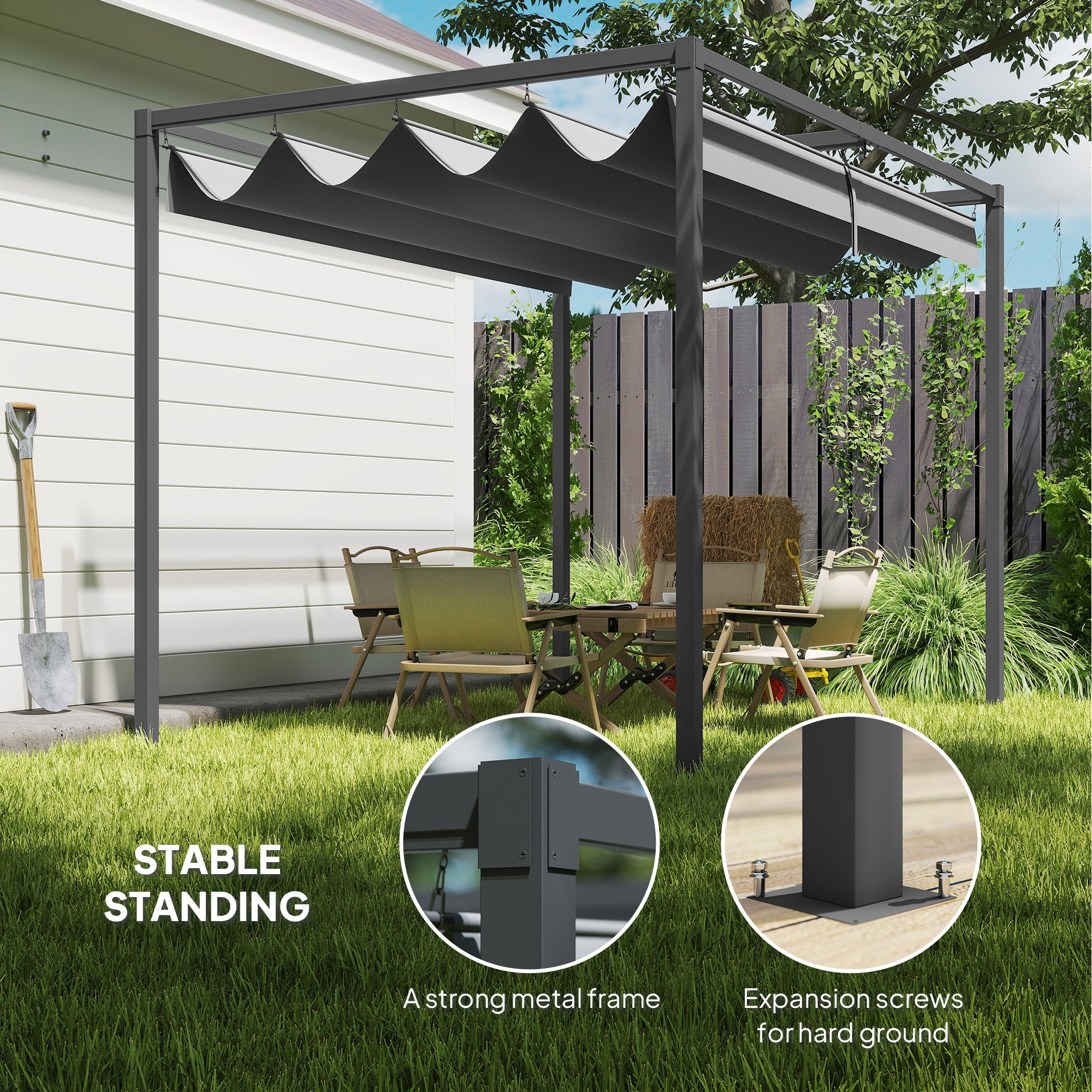 Outsunny 3 x 2m Metal Outdoor Pergola with Retractable Roof, Outdoor Gazebo Canopy Shelter with Drainage Holes for Garden, Patio, Lawn, Grey