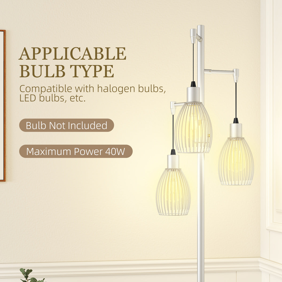 3-Light Floor Lamp, 170cm Industrial Dimmable Standing Lamp with Steel Wire Cage Lampshades for Living Room, Bedroom, Dining Room, Study, Bulb Not Included, Silver Tone