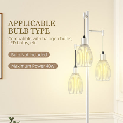 3-Light Floor Lamp, 170cm Industrial Dimmable Standing Lamp with Steel Wire Cage Lampshades for Living Room, Bedroom, Dining Room, Study, Bulb Not Included, Silver Tone
