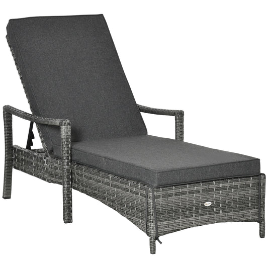 Outsunny Patio Rattan Sun Lounger, Dual Wicker Weave Outdoor Single Reclining Chair Furniture, 5-Level Adjustable Backrest w/ Removeable & Washable Cushion, Mixed Grey