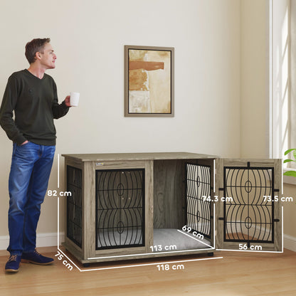 PawHut 46.46'' Dog Crate Furniture Table with Soft Washable Cushion and Lockable Door, for Large Indoor Dogs, Grey