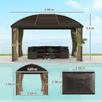 Outsunny 3 x 4m Hardtop Gazebo Canopy with Metal Roof, Aluminium Gazebo Permanent Pavilion with Netting and Curtains, Brown