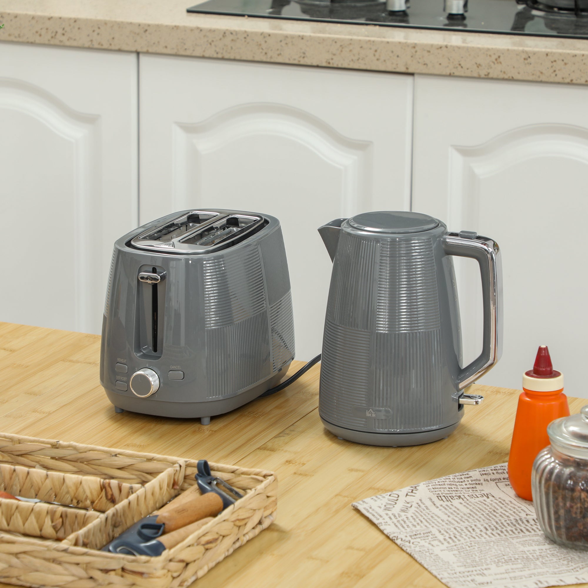 Kettle and Toaster Set, 1.7L 3000W Fast Boil Kettle & 2 Slice Toaster Kitchen Set with 7 Level Browning Controls, Defrost, Reheat, Boil-dry Protection, Grey