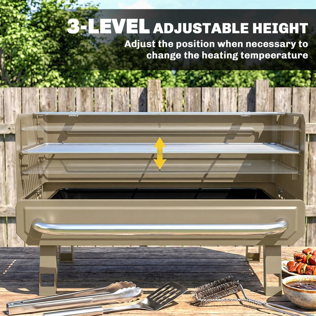 Outsunny Portable BBQ Grill, Charcoal Barbecue Grill with Adjustable Grates, Foldable Legs, Side Shelf for Camping Travel, Khaki