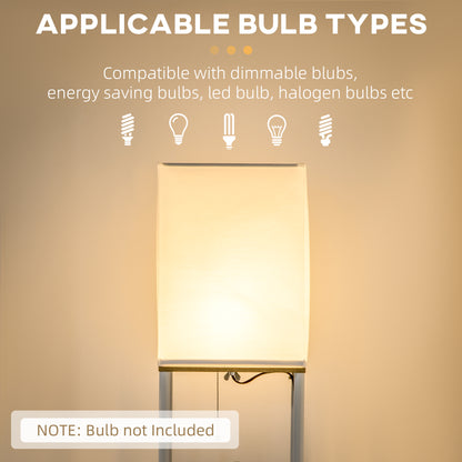Modern Metal Floor Lamp with Shelves, 3 Layer Shelf Tall Standing Lamp with Fabric Lampshade, Pull Chain Switch for Living Room, Bedroom, Bulb not Included, White