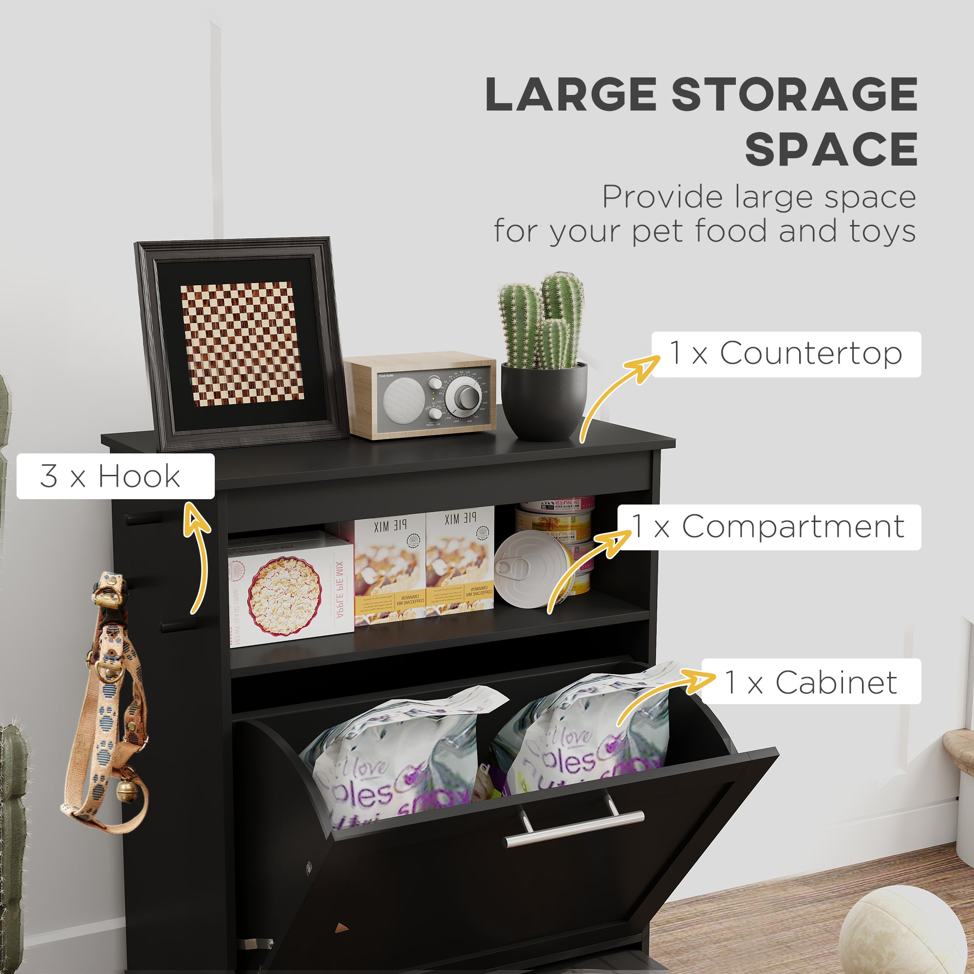 PawHut Pet Feeder Station, Dog, Cat Storage Container, with Raised Bowls, Hanger, Cabinet - Black