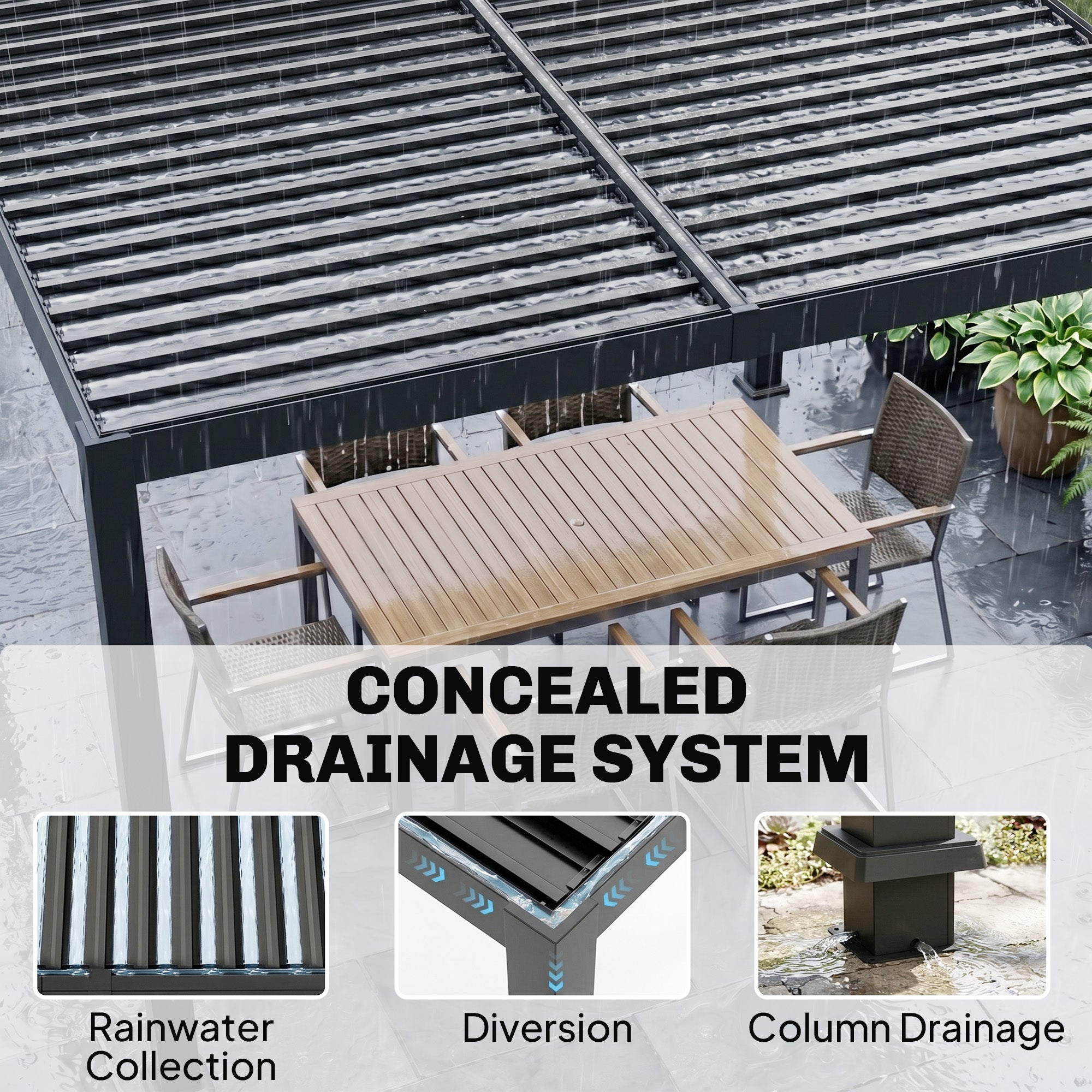 Outsunny 3 x 3 m Louvered Pergola with Solar LED lights, Metal Roof, Patio Gazebo Pergola Canopy with Drainage Gutters, Black