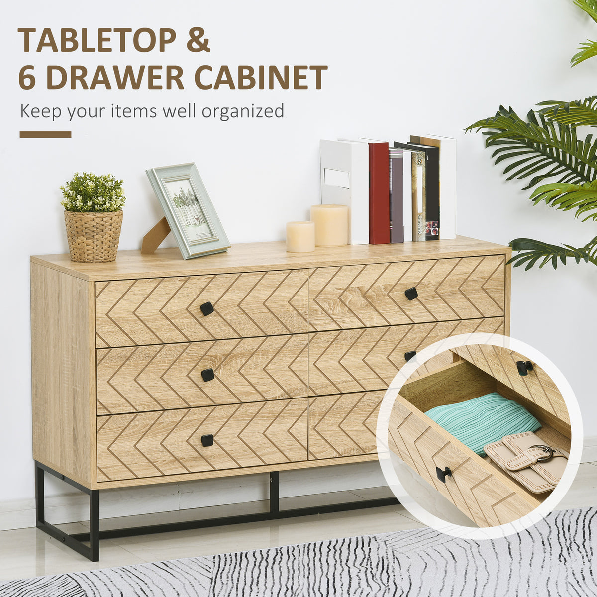 Bedroom Chest of Drawers, 6 Drawer Dresser, Sideboard Cabinet with Zigzag Design and Metal Base, Storage Drawer Unit, 120x71cm, Natural