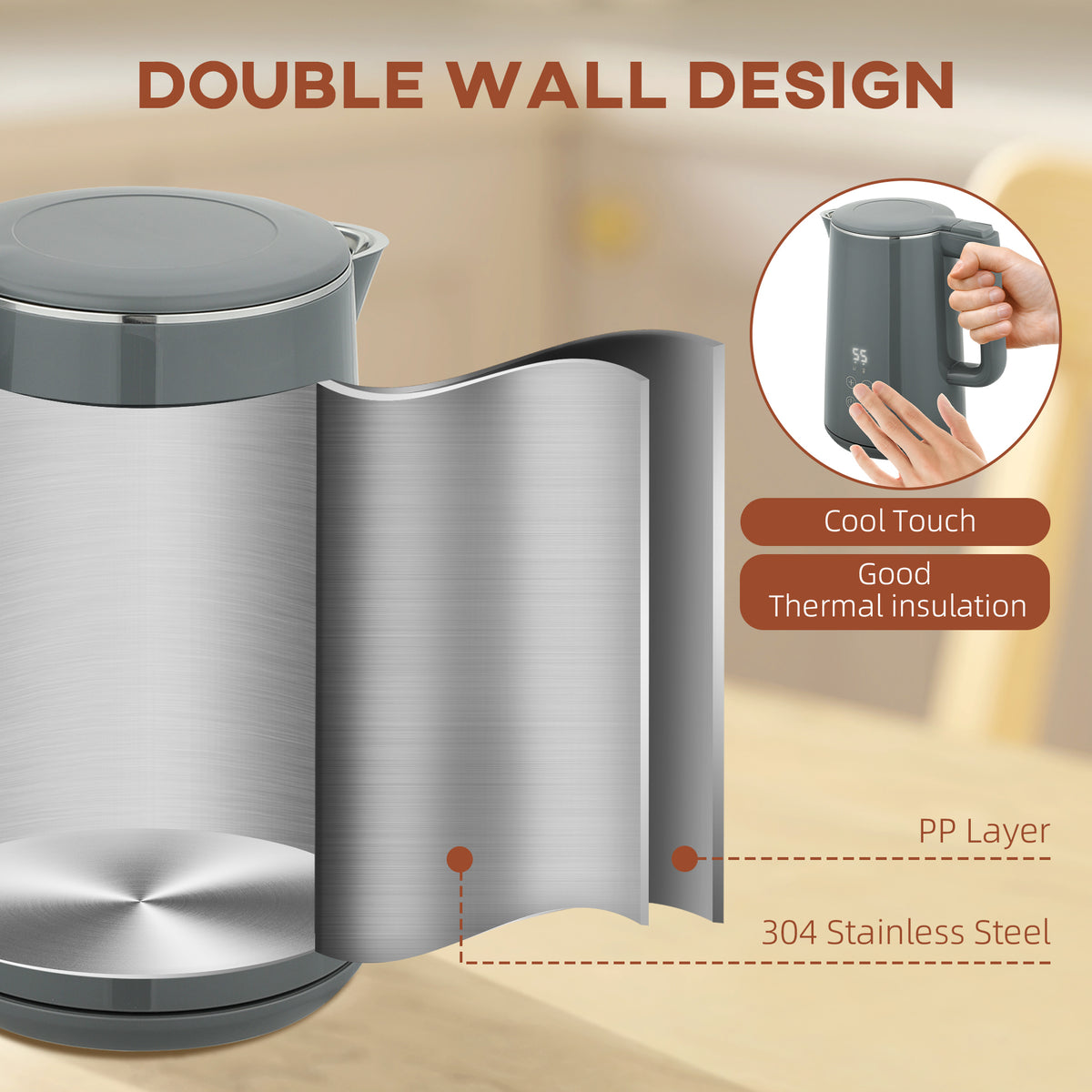 Digital Stainless Steel Kettle and Toaster Set, 1.5L 3000W Fast Boil Kettle, 2 Slice Toaster with 7 Level Browning Controls, Defrost, Reheat, Keep Warm, Crumb Tray and LED Touch Display, Grey
