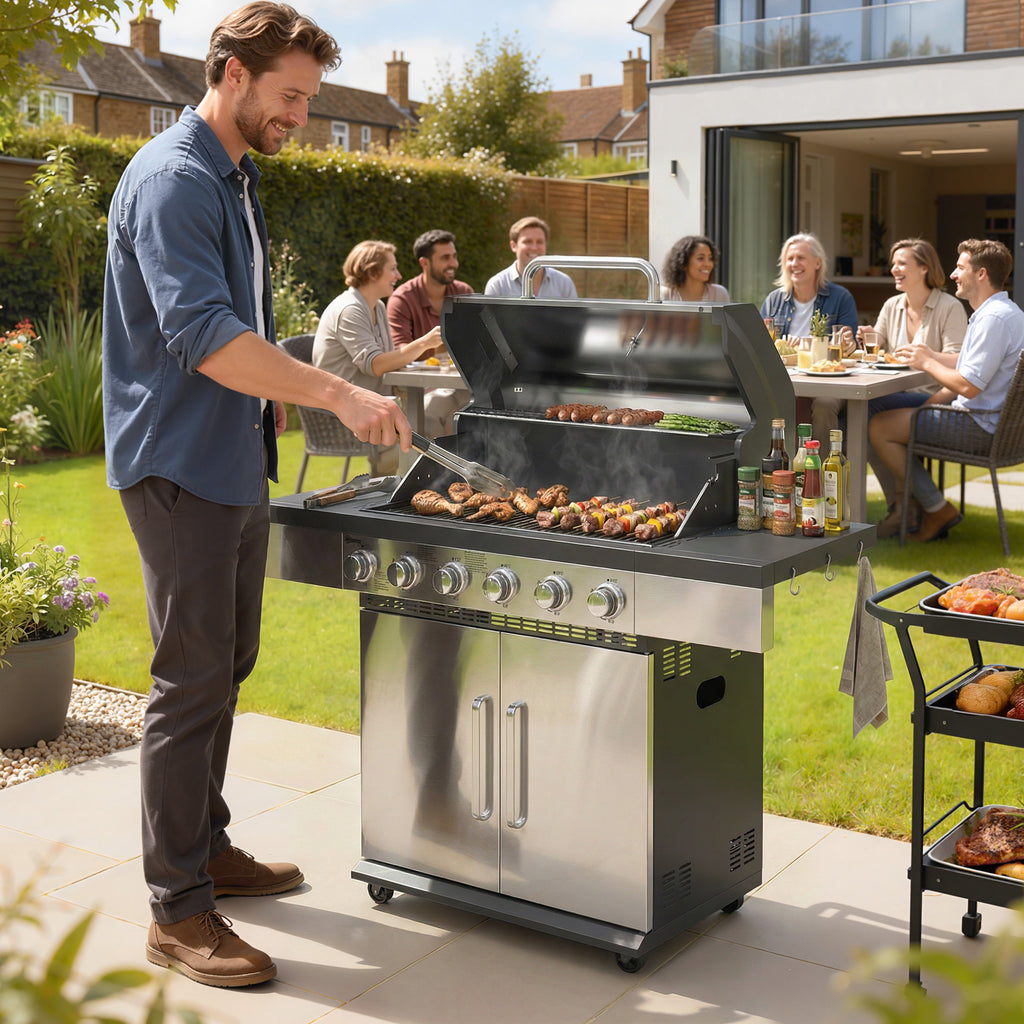 Outsunny 6 Burner Liquid Propane Gas BBQ Grill, Outdoor Portable Gas Barbecue Grill with Warming Rack, Side Tables, Cabinet
