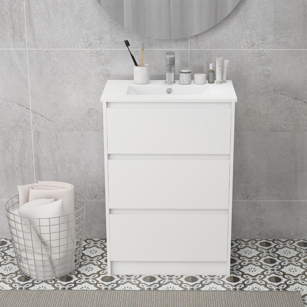 kleankin 600mm Bathroom Vanity Unit with Basin and Single Tap Hole, High Gloss White Floor Standing Bathroom Sink Unit with 2 Drawers for Cloakroom