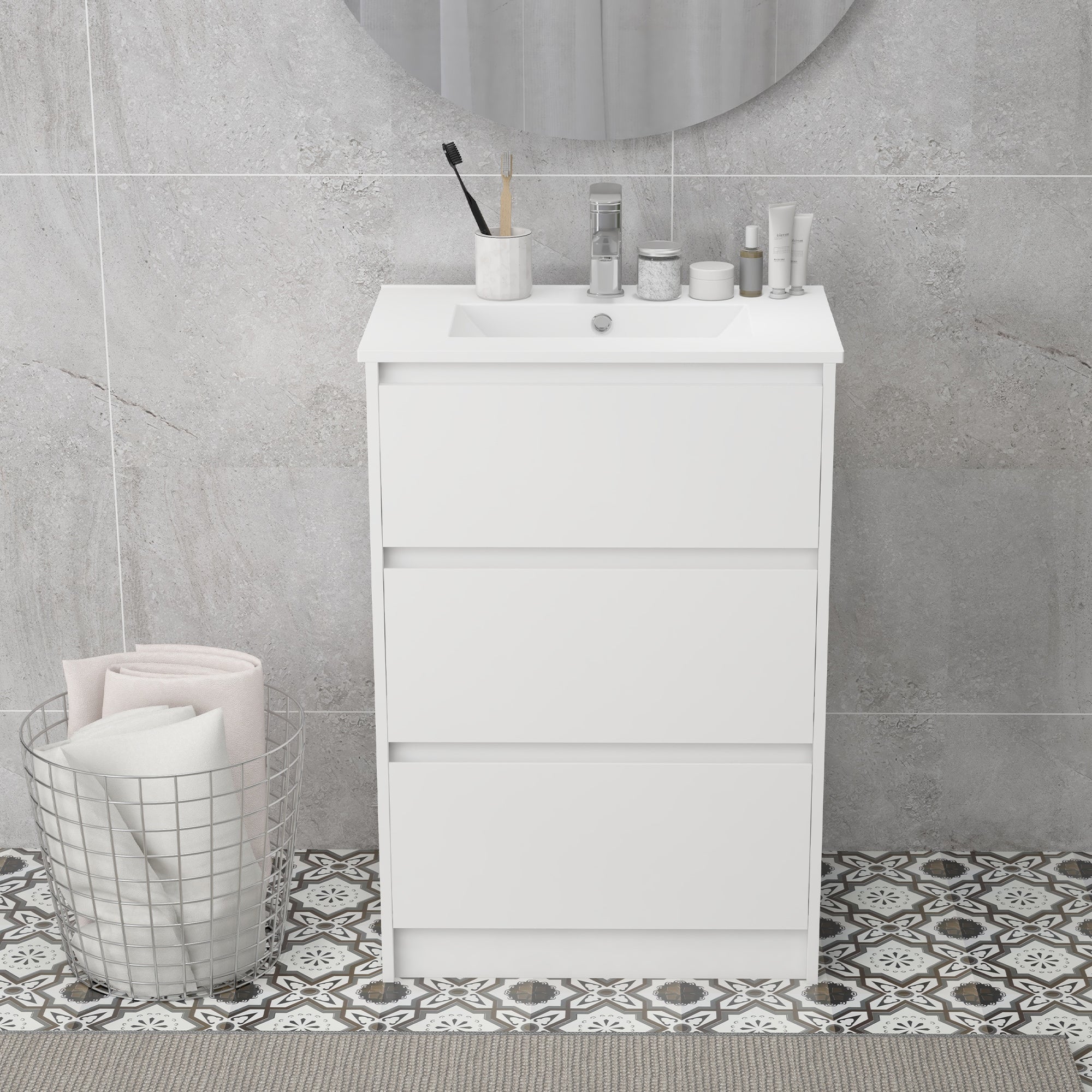 kleankin 600mm Bathroom Vanity Unit with Basin and Single Tap Hole, High Gloss White Floor Standing Bathroom Sink Unit with 2 Drawers for Cloakroom