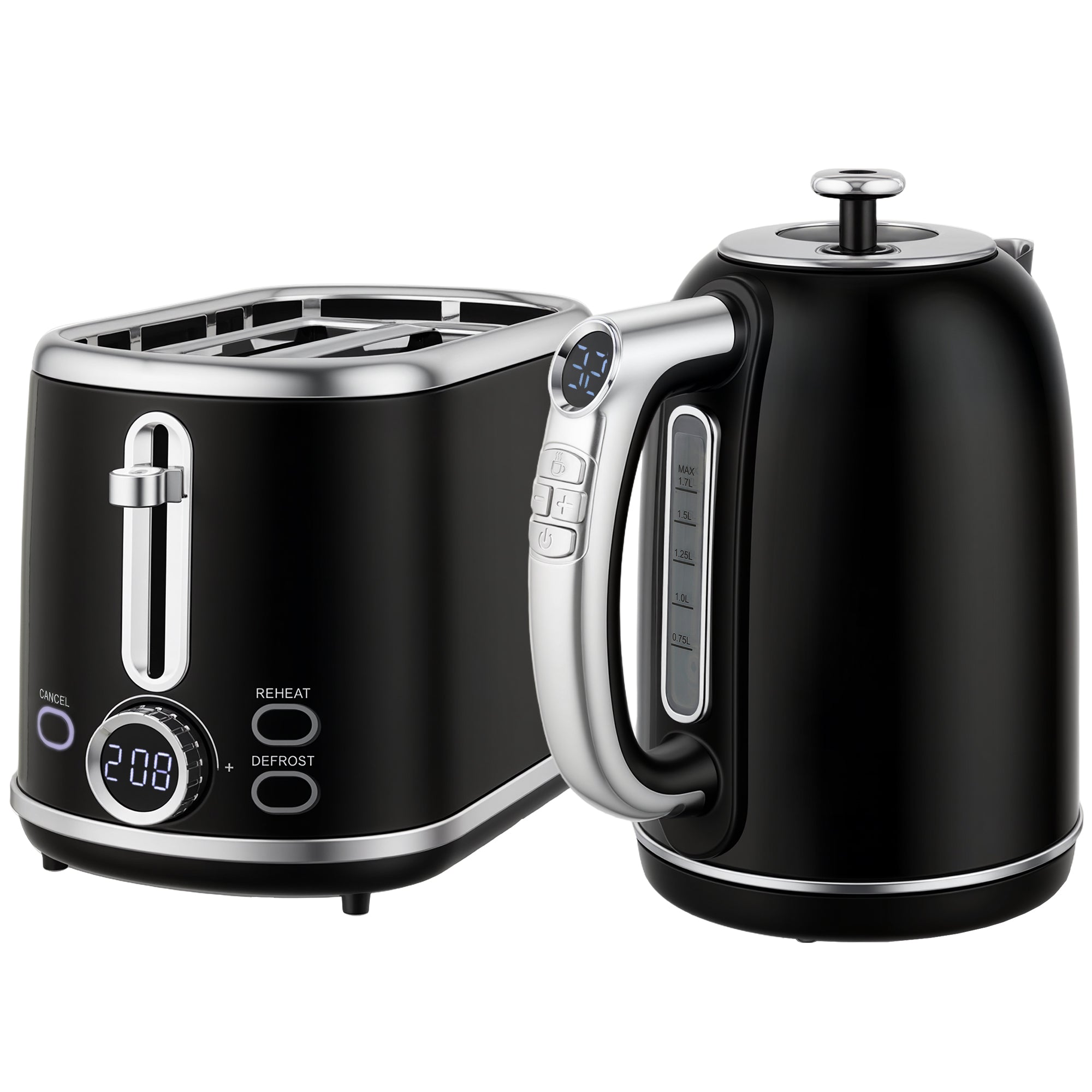 Polished Retro 40-100°C Kettle and Toaster Set - Black