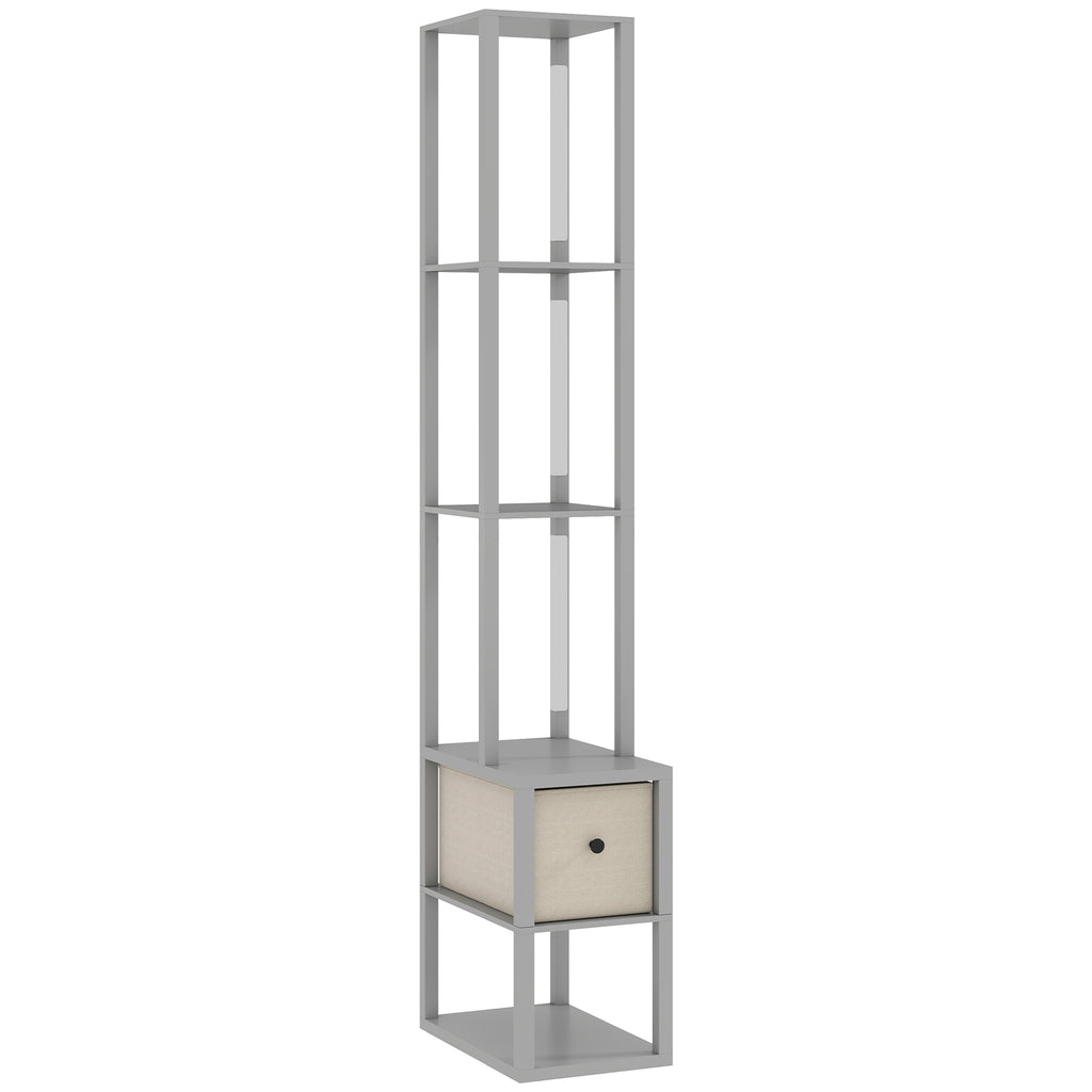Floor Lamp with Shelves, LED Column Modern Standing Lamp with Fabric Drawer, Adjustable Brightness, Foot Switch for Living Room, Bedroom, Office, Grey