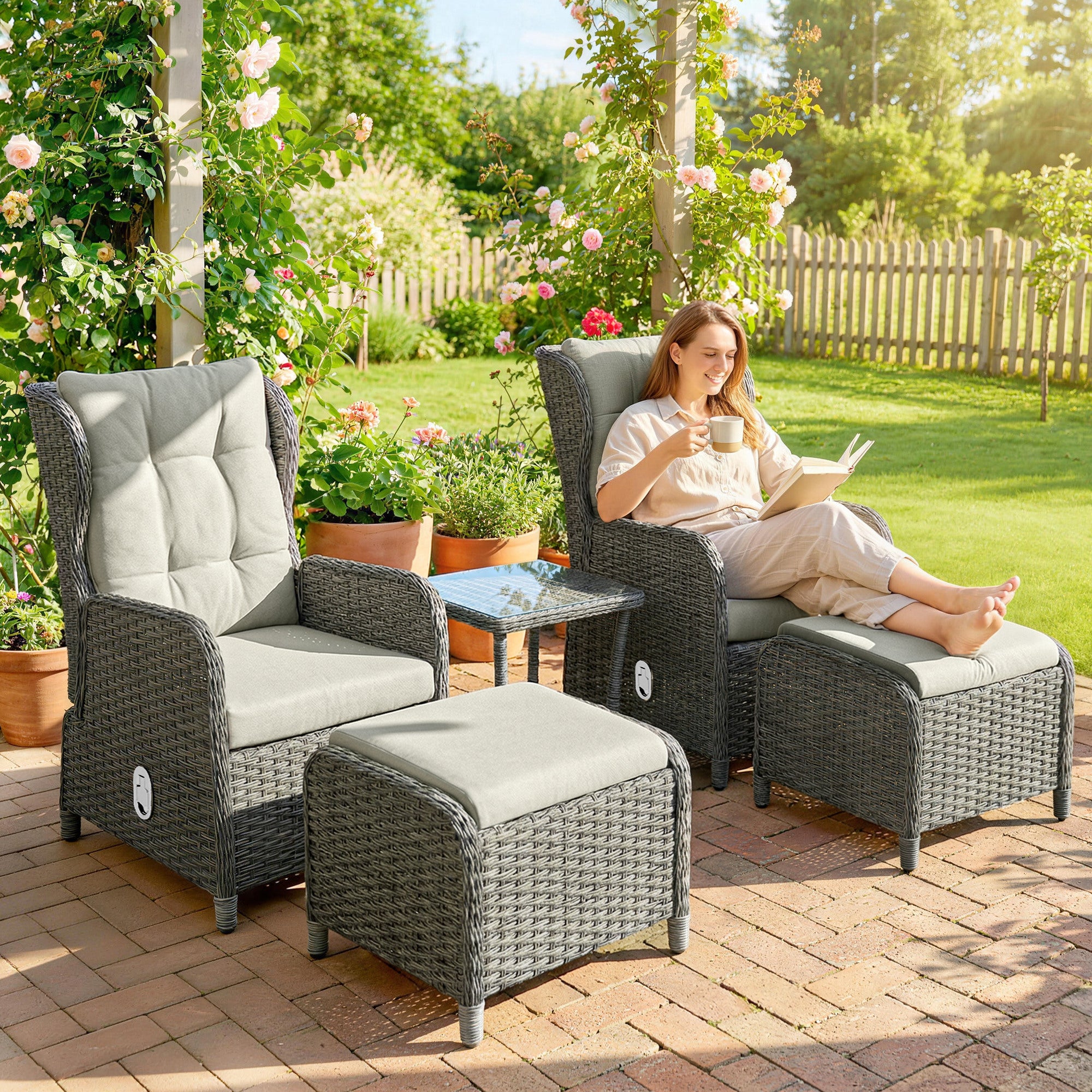 Outsunny Rattan Reclining Garden Chair Set of 2 with Footstool and Cushion for Balcony, Cream