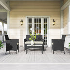 Outsunny 4 Piece Rattan Garden Furniture Sofa Set with Loveseat, Armchairs, Glass-Top Coffee Table and Cushions, Cream White