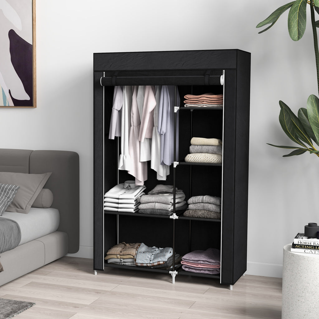 Fabric Wardrobe w/ Shelves Hanging Rail Foldable Wardrobe Black