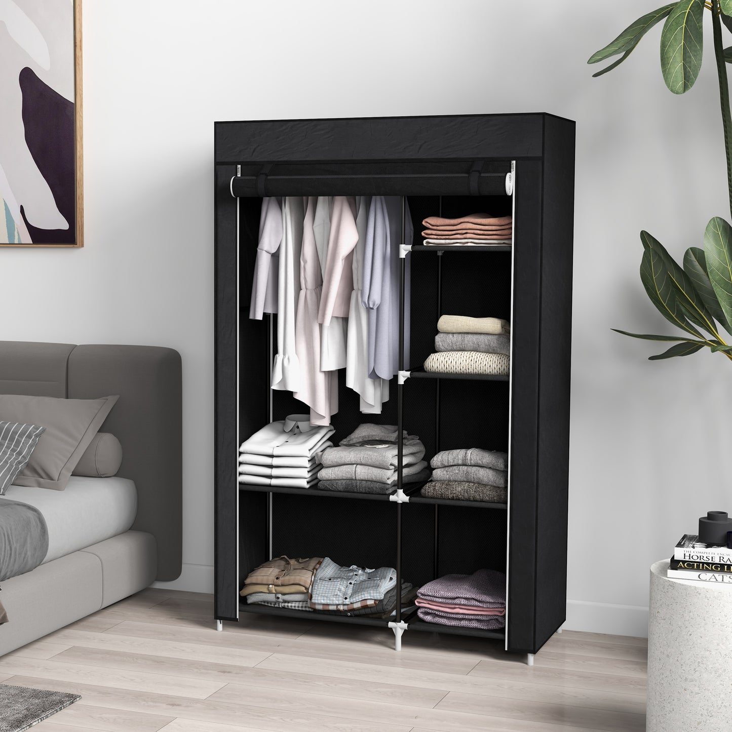 Fabric Wardrobe w/ Shelves Hanging Rail Foldable Wardrobe Black
