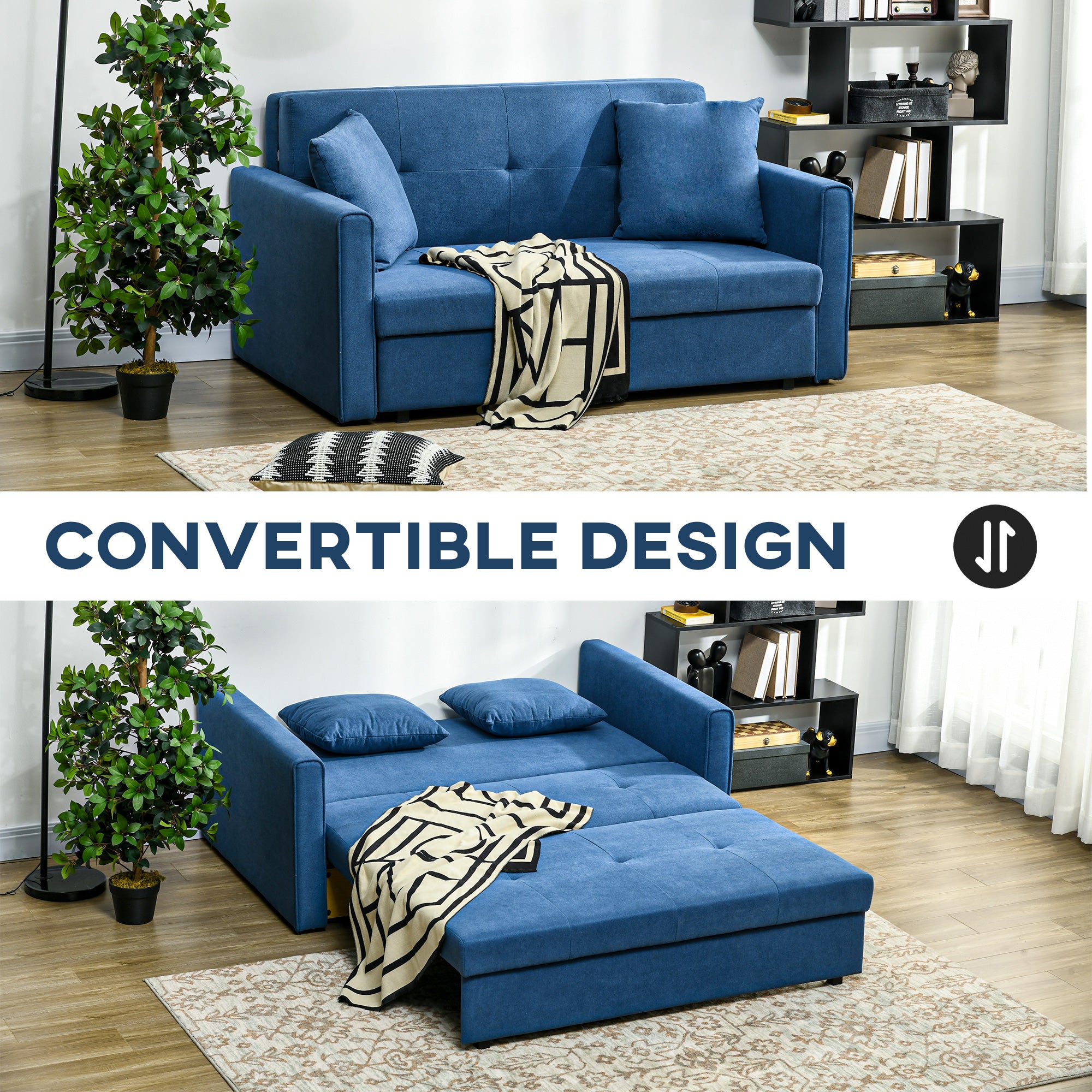 HOMCOM 2 Seater Sofa Bed with Hidden Storage, Pull Out Convertible Bed Settee, Modern Snow Flannel Loveseat Sofa Sleeper with 2 Cushions for Living Room, Guest Room, Deep Blue