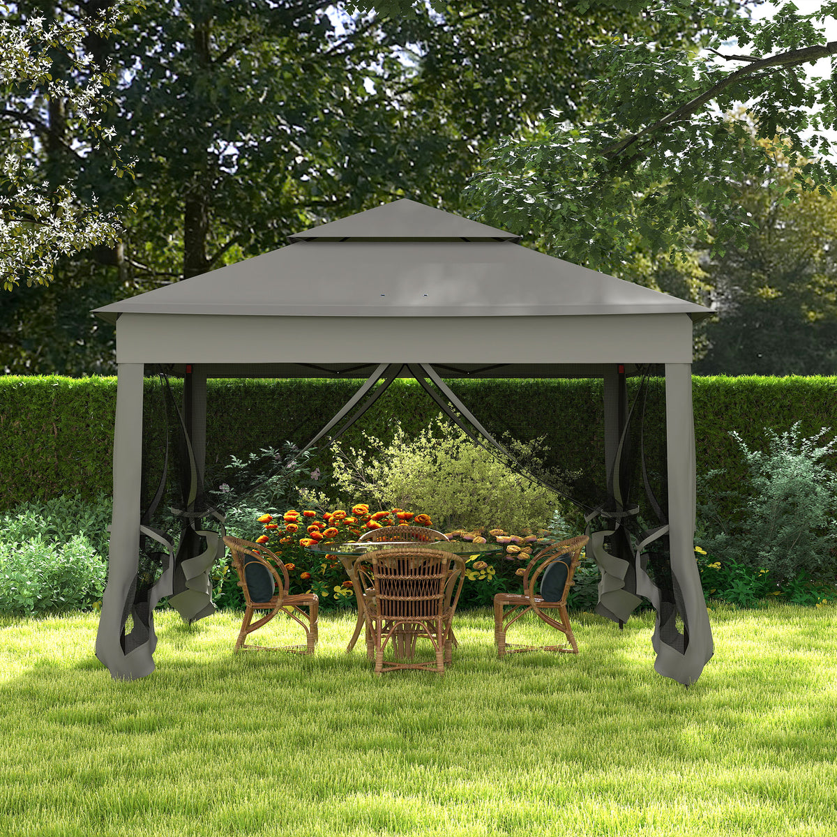 Outsunny 3 x 3(m) Pop Up Gazebo, Double-roof Garden Tent with Netting and Carry Bag, Party Event Shelter for Outdoor Patio, Dark Grey