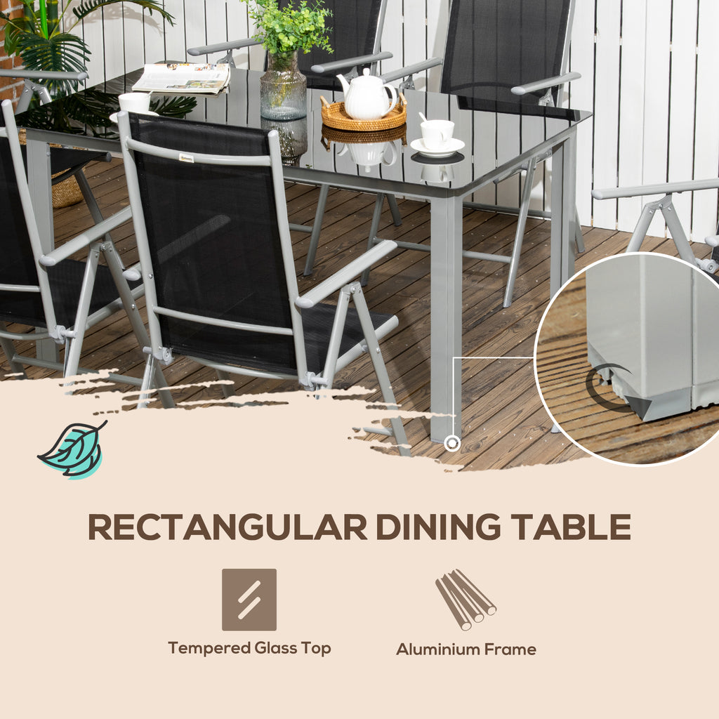 Outsunny 7 Piece Garden Dining Set, Outdoor Table and 6  Folding and Reclining Chairs, Aluminium Frame, Tempered Glass Top Table, Texteline Seats, Black