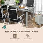 Outsunny 7 Piece Garden Dining Set, Outdoor Table and 6  Folding and Reclining Chairs, Aluminium Frame, Tempered Glass Top Table, Texteline Seats, Black