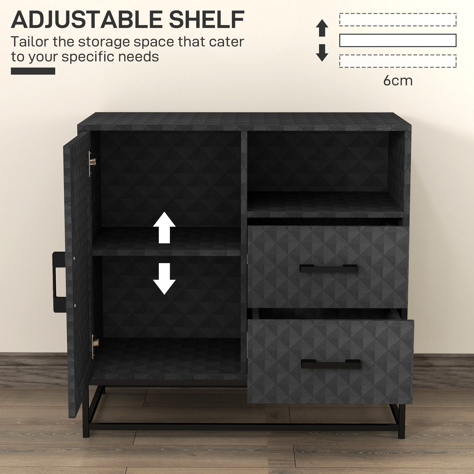 HOMCOM Sideboard with Adjustable Shelf, Freestanding Sideboard Storage Cabinet with Open Compartment and 2 Drawers, Black