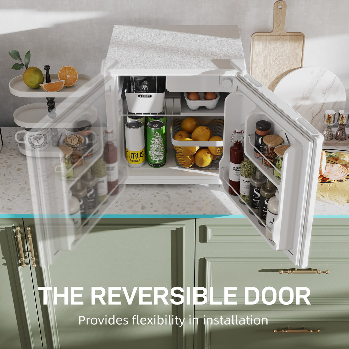 46 Litre Table Top Mini Fridge, Small Fridge with Ice Box, Reversible Door, Adjustable Temperature and Legs for Bedrooms, Home Office, Cream