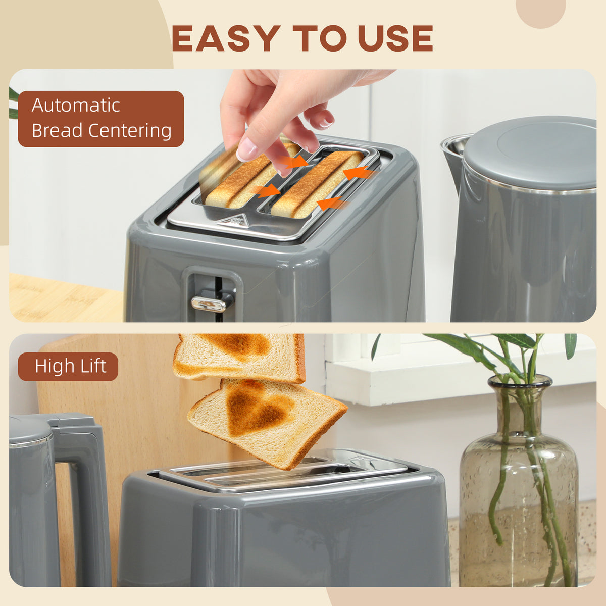 Digital Stainless Steel Kettle and Toaster Set, 1.5L 3000W Fast Boil Kettle, 2 Slice Toaster with 7 Level Browning Controls, Defrost, Reheat, Keep Warm, Crumb Tray and LED Touch Display, Grey