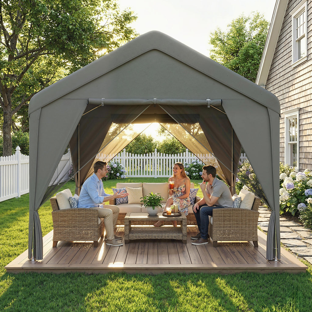 Outsunny 3 x 3 m Patio Gazebo with Netting & Curtains, Outdoor Canopy Shelter with Galvanised Steel Frame, Dark Grey