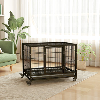 PawHut 36" Heavy Duty Metal Dog Crate Pet Cage with Tray Wheeled Dog Kennel - Black (Medium)