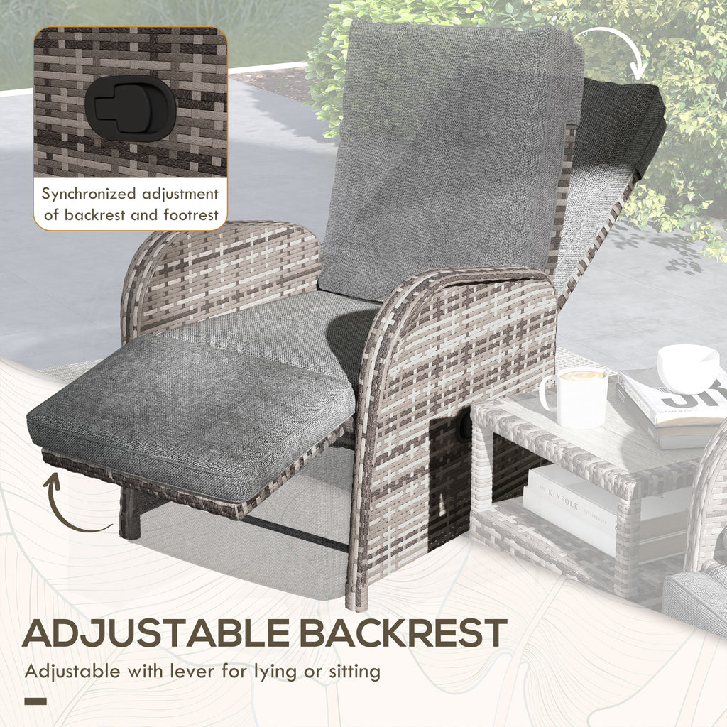 Outsunny 2 Seater Patio Rattan No Installation Chaise Lounge Sofa Set with Premium Fabric Cushion, Grey and Brown