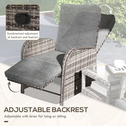 Outsunny 2 Seater Patio Rattan No Installation Chaise Lounge Sofa Set with Premium Fabric Cushion, Grey and Brown