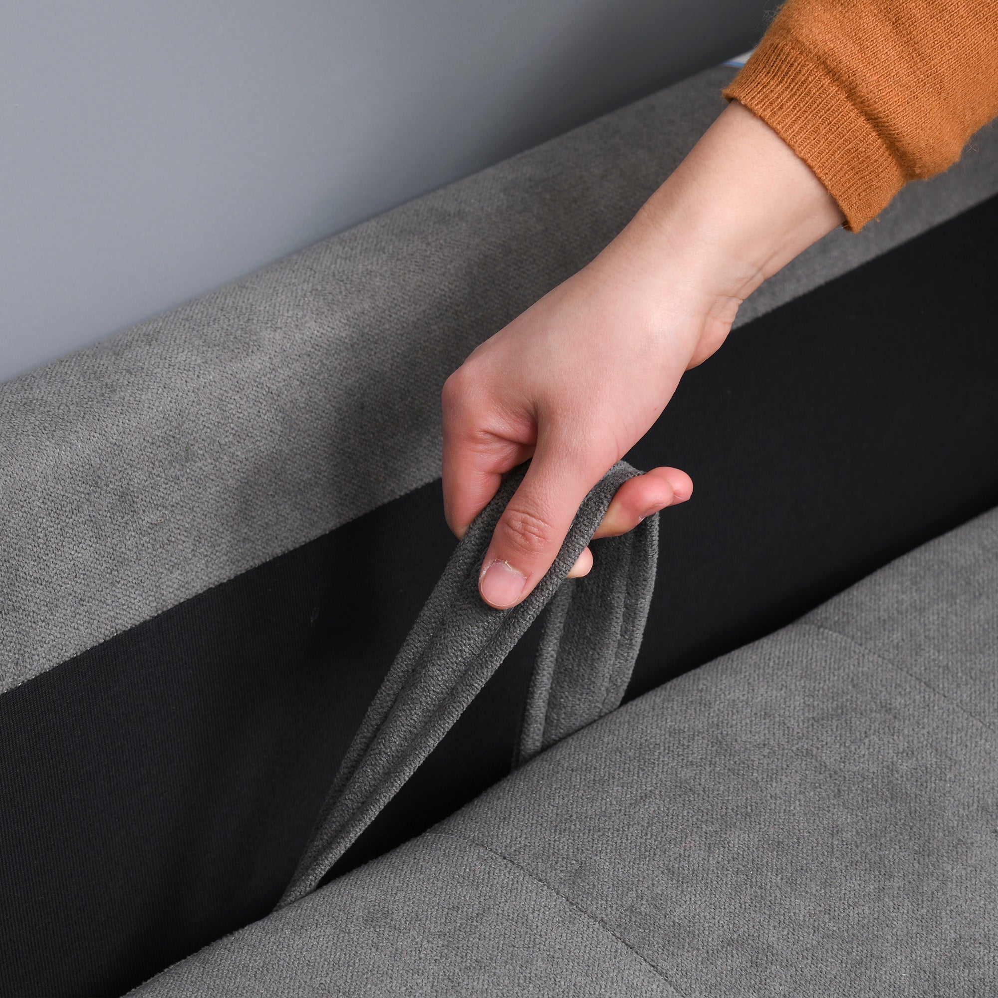 HOMCOM 2 Seater Storage Sofa, Fabric Couch with Hidden Under Seat Storage, Thick Cushions, Compact Space Saving Settee with Rubberwood Legs for Living Room, Apartment, Grey