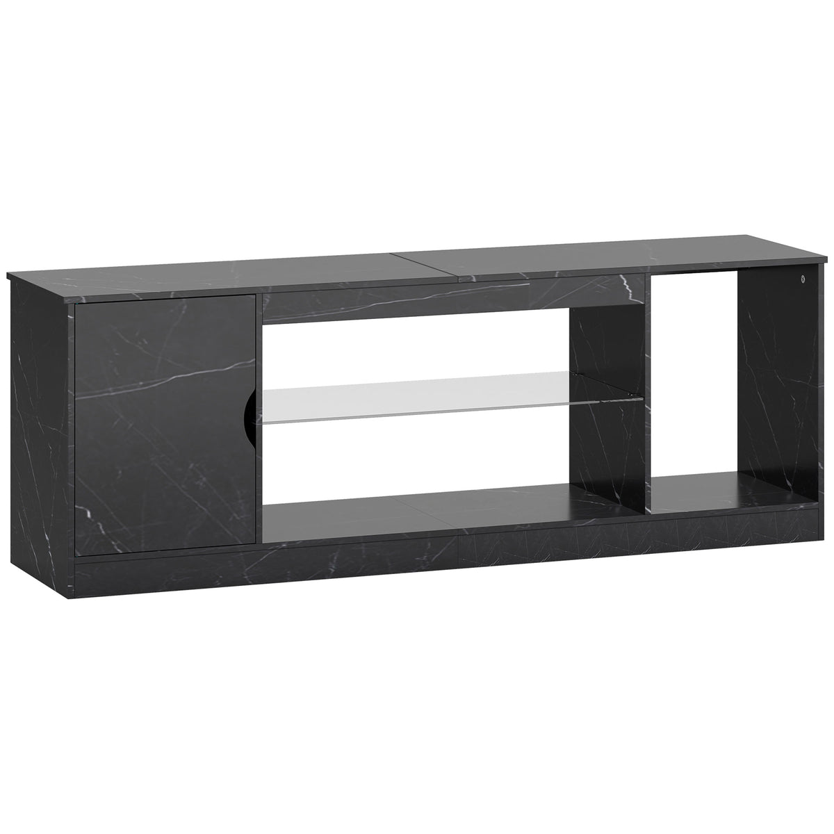 TV Stand Cabinet, Marble Effect TV Unit for up to 55" TVs with Glass Shelf and Storage Cabinet, Entertainment Unit for Living Room, Bedroom, Black