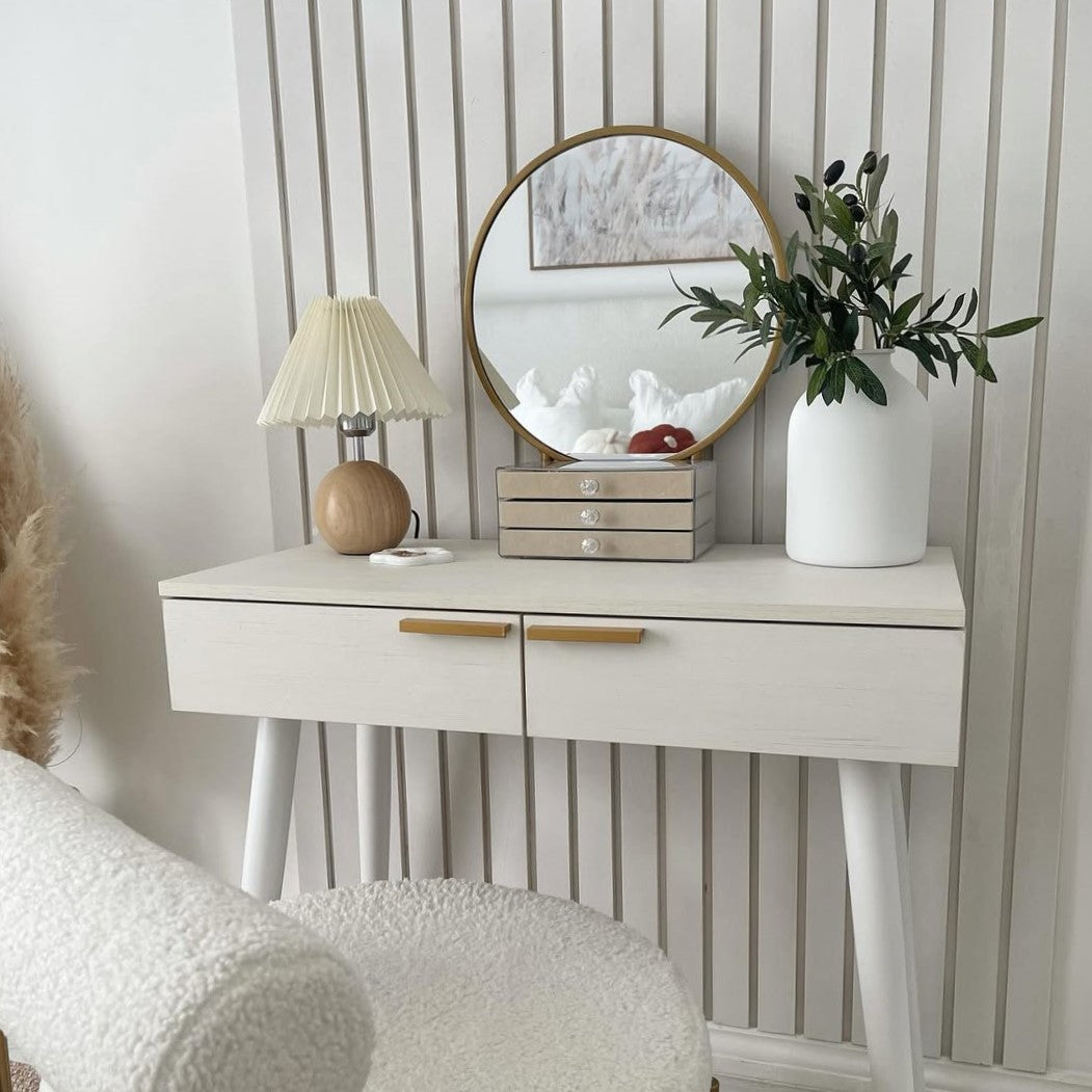 Elegant Dressing Table, with Round Mirror, 80 x 40 x 123 cm - White