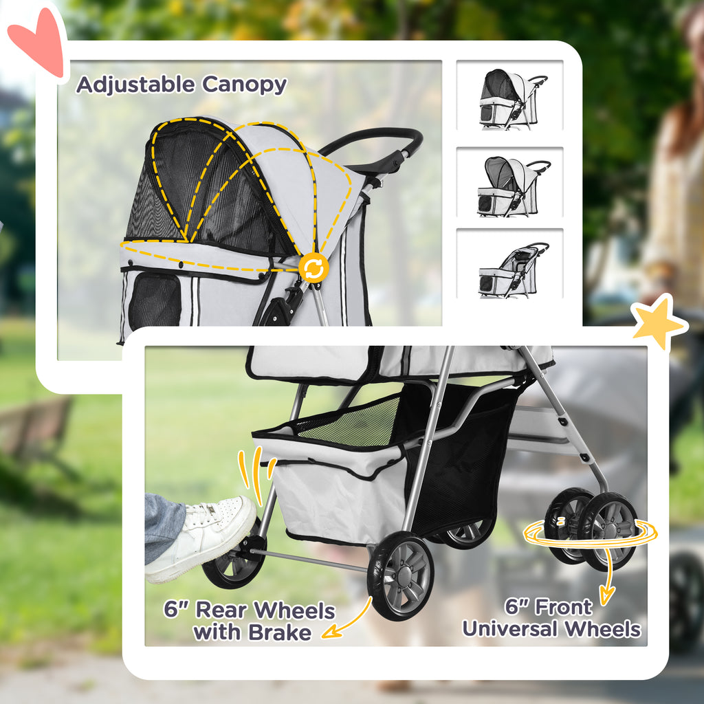 PawHut Pet Stroller for Small Miniature Dogs Cats Foldable Travel Carriage with Wheels Zipper Entry Cup Holder Storage Basket Grey