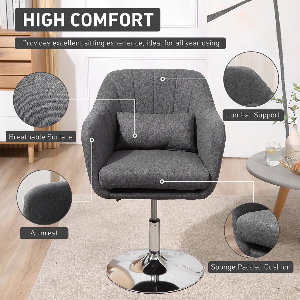 HOMCOM Swivel Accent Chair, Linen Fabric Tub Vanity Chair, Modern Armchair with Adjustable Height and Lumbar Support for Living Room Bedroom Salon Make up Room Dressing Table, Dark Grey