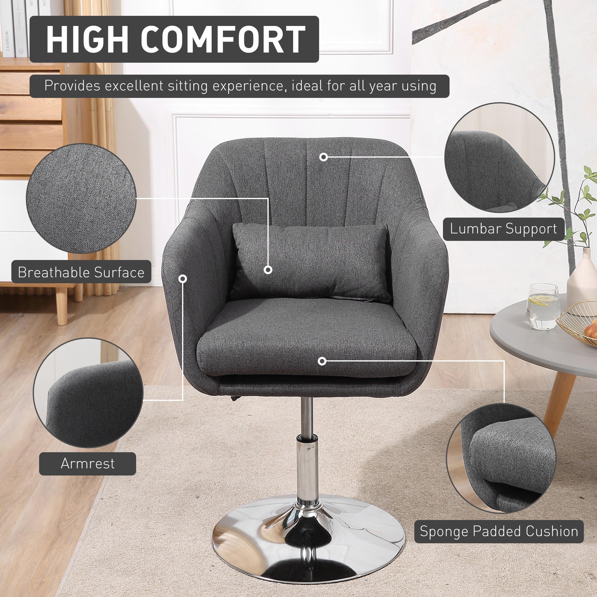 HOMCOM Swivel Accent Chair, Linen Fabric Tub Vanity Chair, Modern Armchair with Adjustable Height and Lumbar Support for Living Room Bedroom Salon Make up Room Dressing Table, Dark Grey