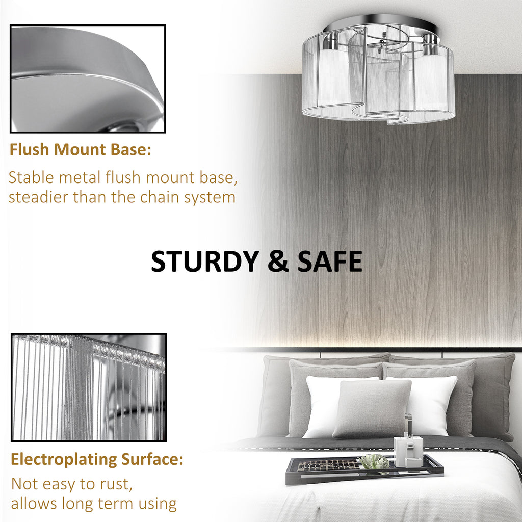 Modern Chandelier, Semi-Flush Mount Ceiling Light with Glass Lampshade, 2 x E27 Bulb Base for Hallway, Dining Room, Living Room, White and Silver