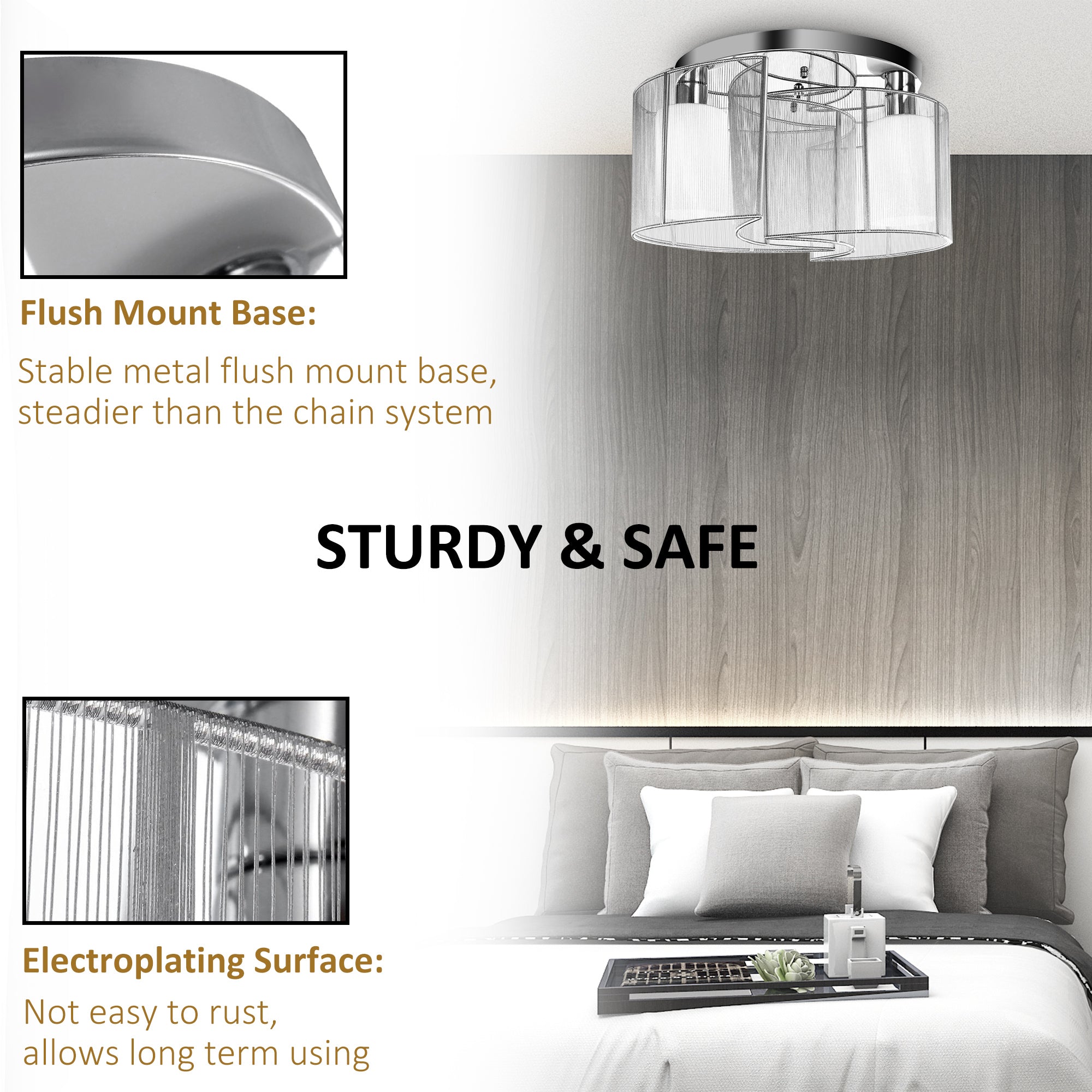 Modern Chandelier, Semi-Flush Mount Ceiling Light with Glass Lampshade, 2 x E27 Bulb Base for Hallway, Dining Room, Living Room, White and Silver