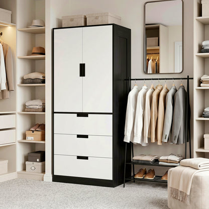 2 Door Wardrobe, Modern Wardrobe with 3 Drawers and Hanging Rod for Bedroom, Black